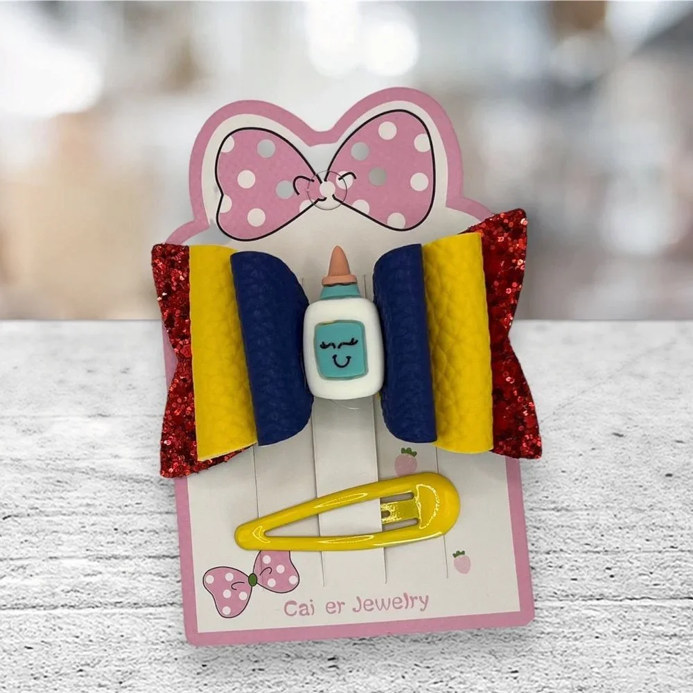Back to School Hair Bow Faux Leather for Girls & Toddler Snap Clip Kindergarten